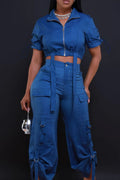 Women's Short Sleeve Stand Collar Zip Front Drawstring Ruched Crop Top Or High Waist Multi-Pocket Cargo Pants With Adjustable Tie Straps