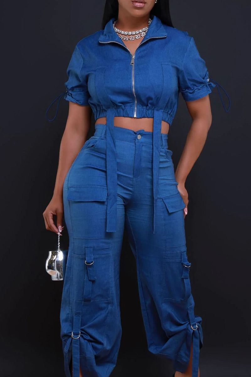 Women's Short Sleeve Stand Collar Zip Front Drawstring Ruched Crop Top Or High Waist Multi-Pocket Cargo Pants With Adjustable Tie Straps