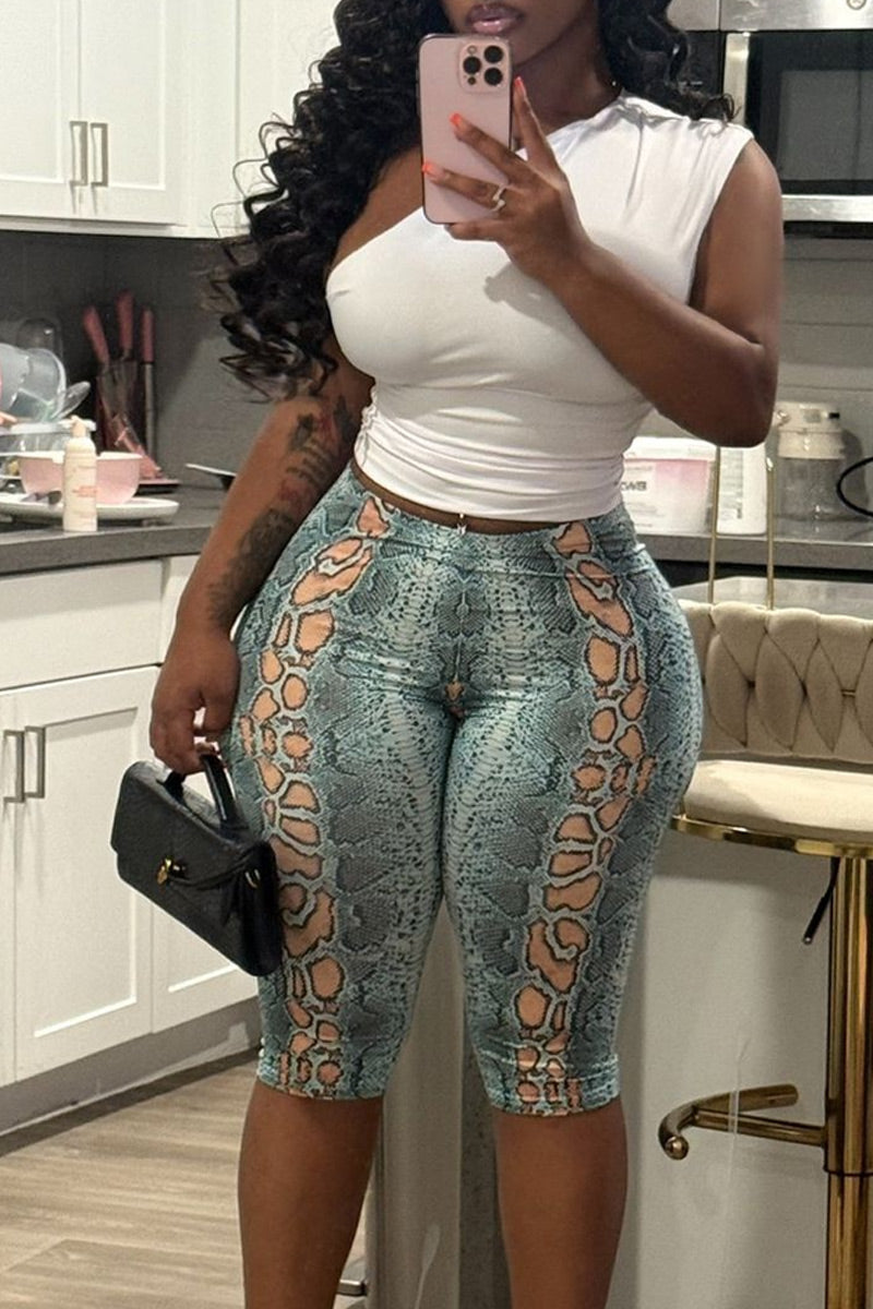 Women's Snake Print Side Cut Out High Waist Skinny Capri Biker Shorts
