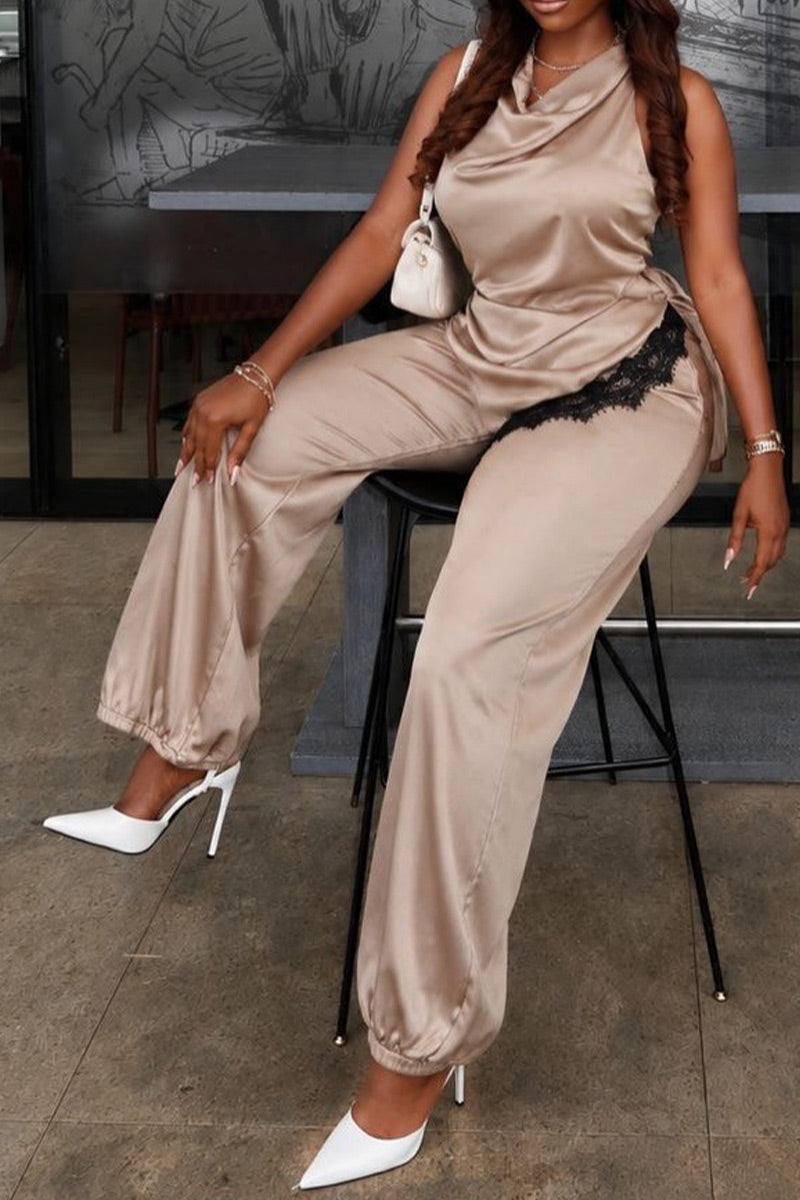 Hot selling women's casual Gloss Satin Cowl Halter Neck Sleeveless Asymmetrical Lace Wrap Top Or High Waist Gloss Satin Loose Fit Cuffed Ankle Wide Leg Pants