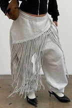 Women's  Fashion Raw Tassel Fringe High Elastic Waist Cuffed Sweat Pants