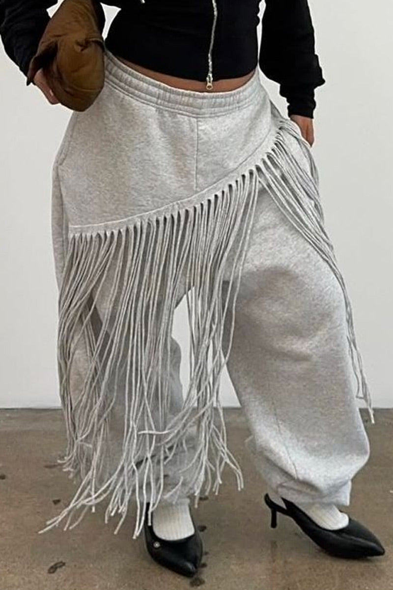 Women's  Fashion Raw Tassel Fringe High Elastic Waist Cuffed Sweat Pants