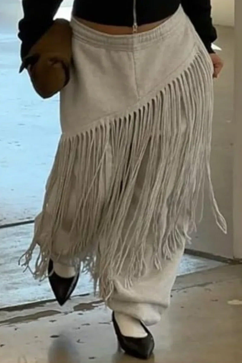 Women's  Fashion Raw Tassel Fringe High Elastic Waist Cuffed Sweat Pants