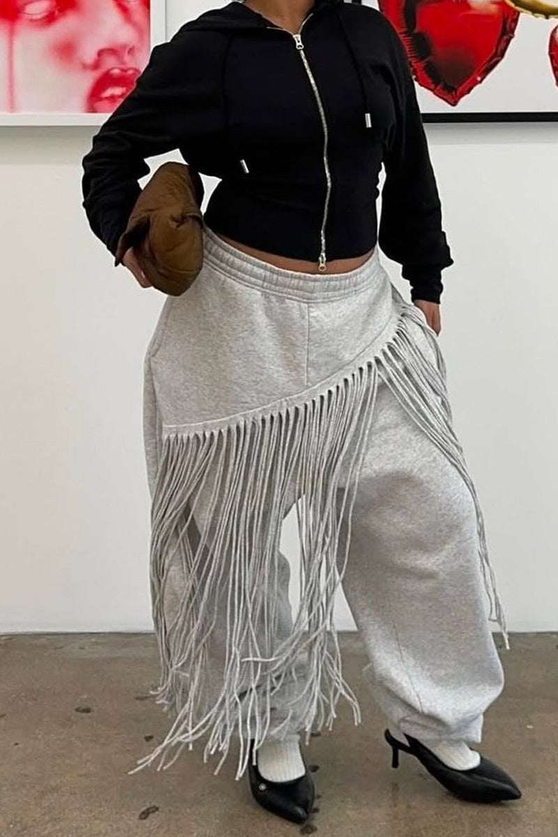 Women's  Fashion Raw Tassel Fringe High Elastic Waist Cuffed Sweat Pants
