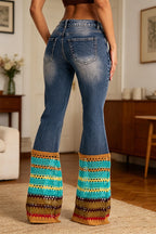 Women's Washed Water Spliced Knitted Hollow Casual Jeans
