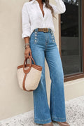 Women Light Blue Washed High Waist Side White Buttons Wide Leg Denim Jeans