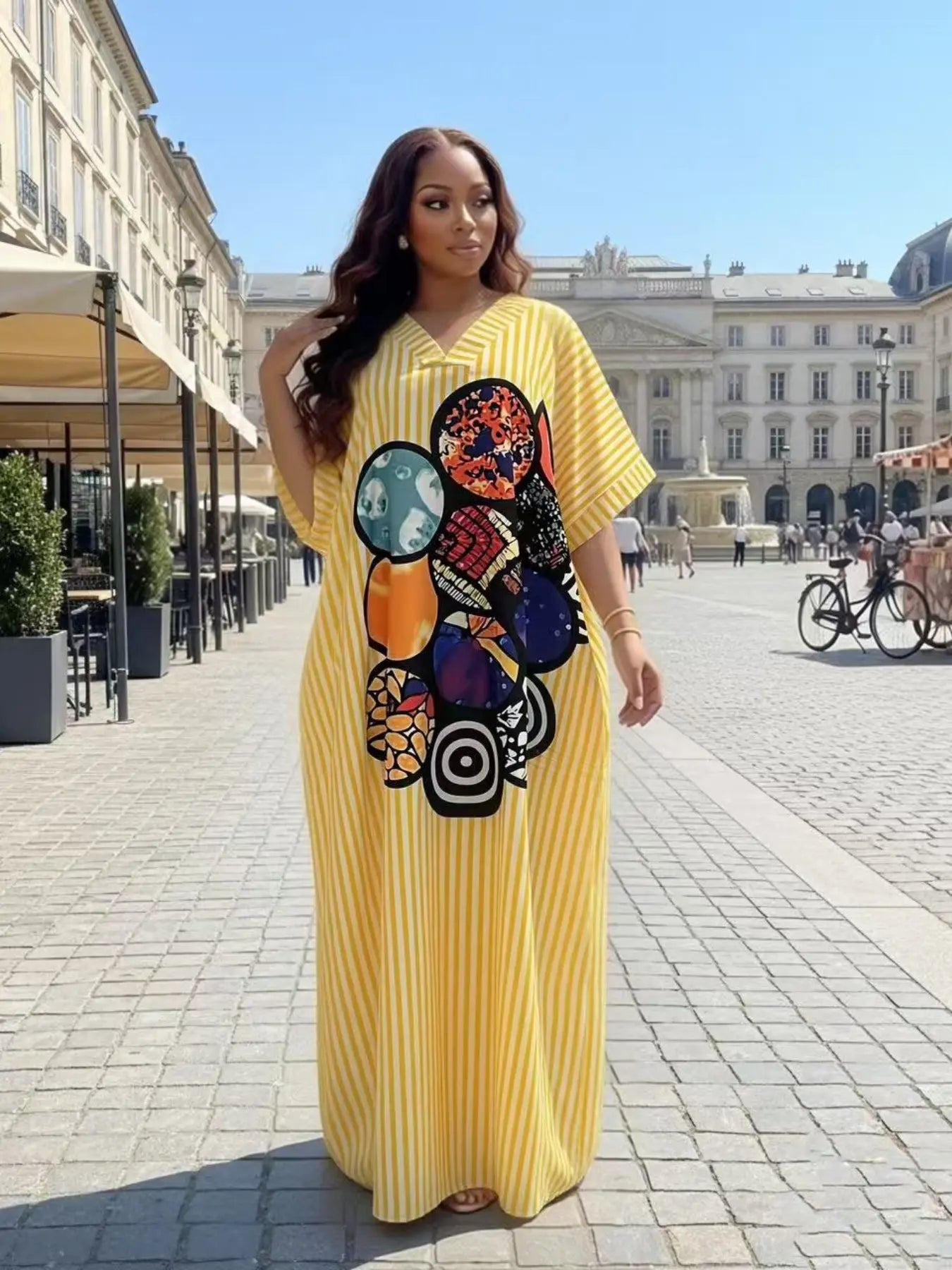 New Fashion Chic Loose Fit Casual Daily Everyday Shopping Dress, Blue Striped and Geometric Print V-Neck Short Sleeve Dress, Women's Summer Dress with Pockets, Boho Casual Dress