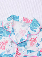 2pcs Women Pajama Set, Ocean Turtle Print, Ladies Homewear, Spring/Summer Holiday Outfit, Short Sleeve Polo Shirt And Shorts Suit