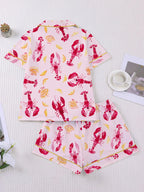Women's Sleepwear Set, Short Sleeve Lapel Button Soft Top & Elastic Shorts