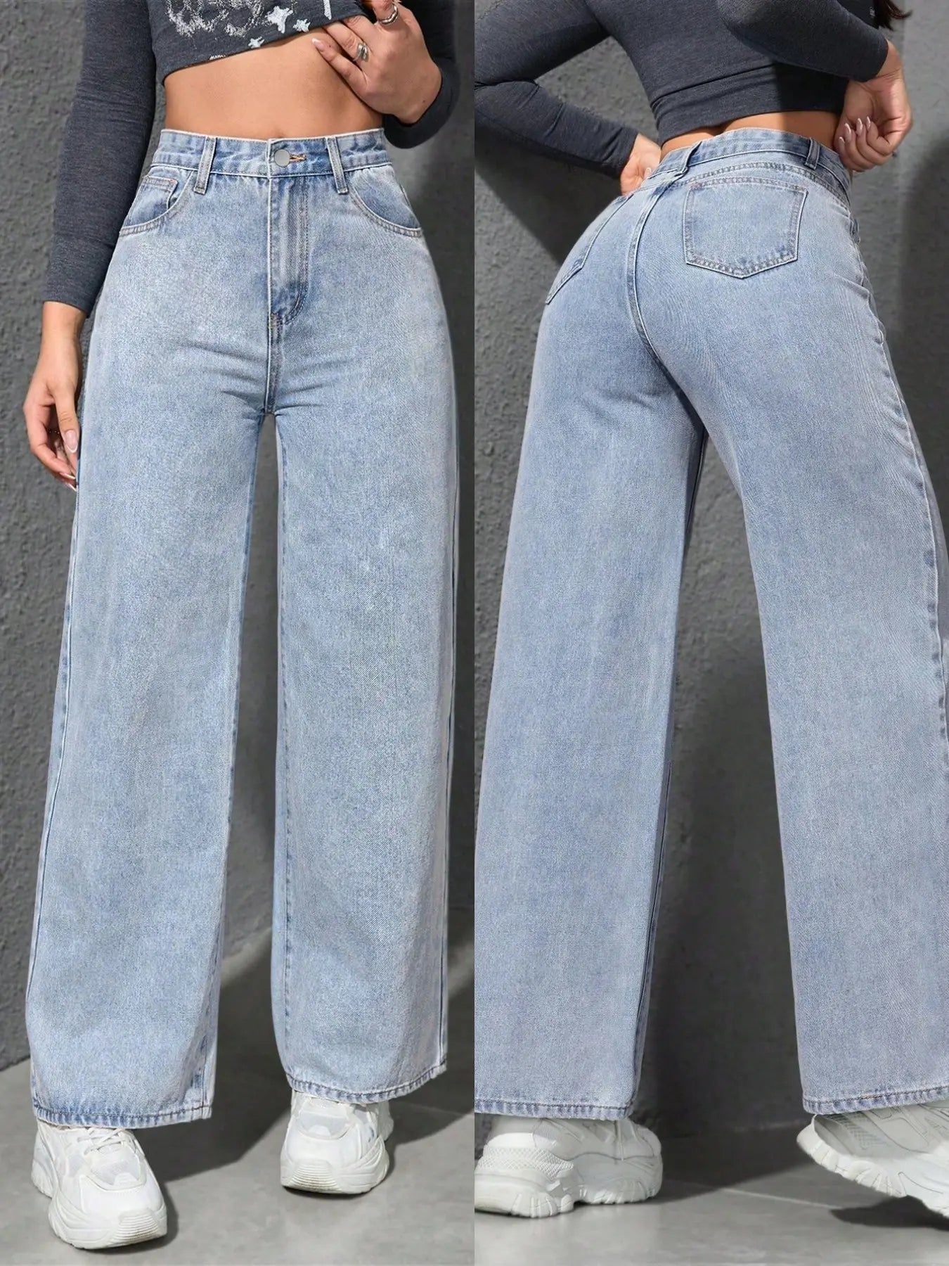 Spring Summer High Waist Elastic Women's Jeans, Washed Blue Casual Wide Leg Pants, Fitted H-Type Denim for Daily Commute and Vacation