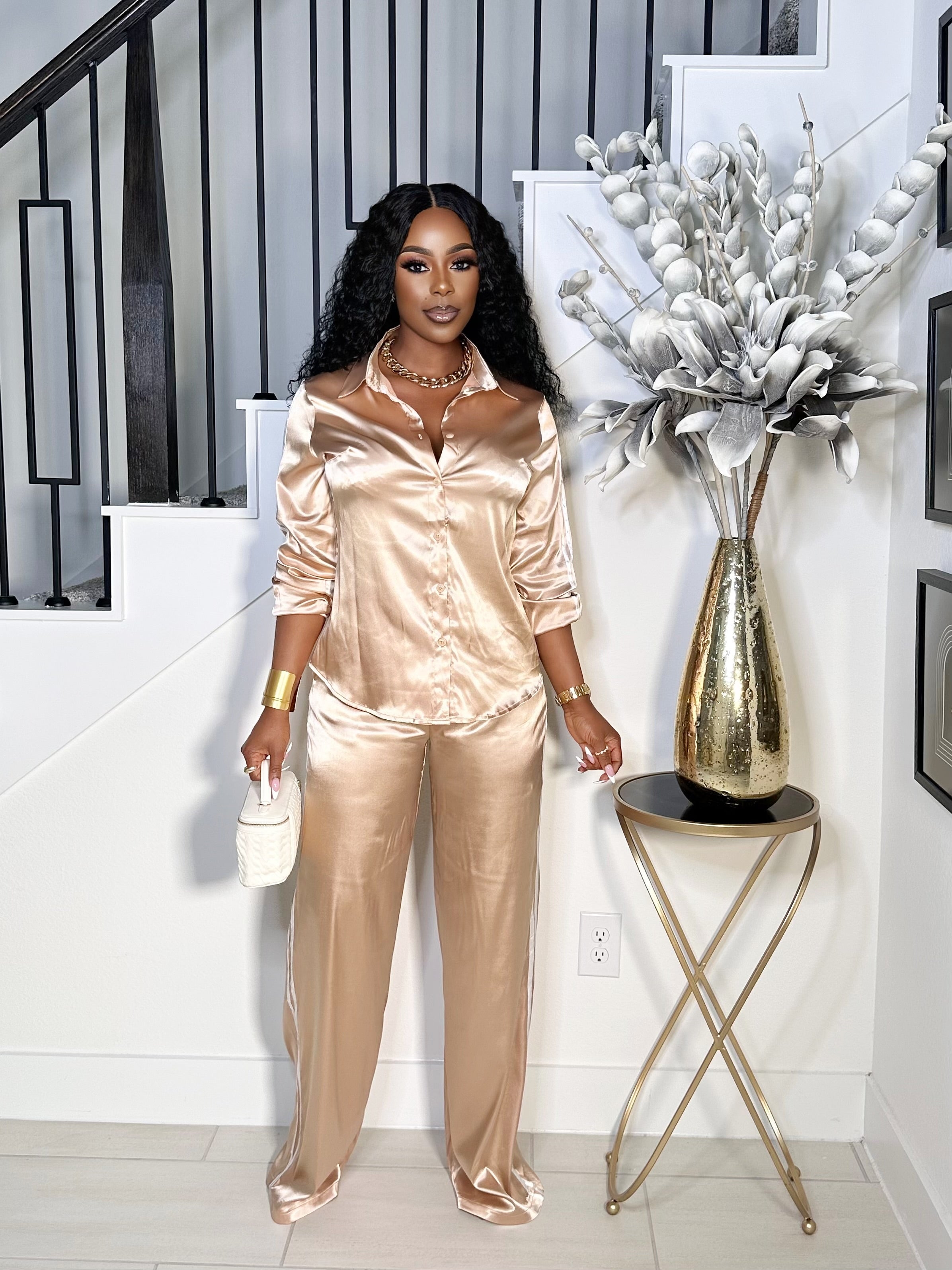 SO SILKY BUTTON DOWN PANTS SET (FRAPPE)