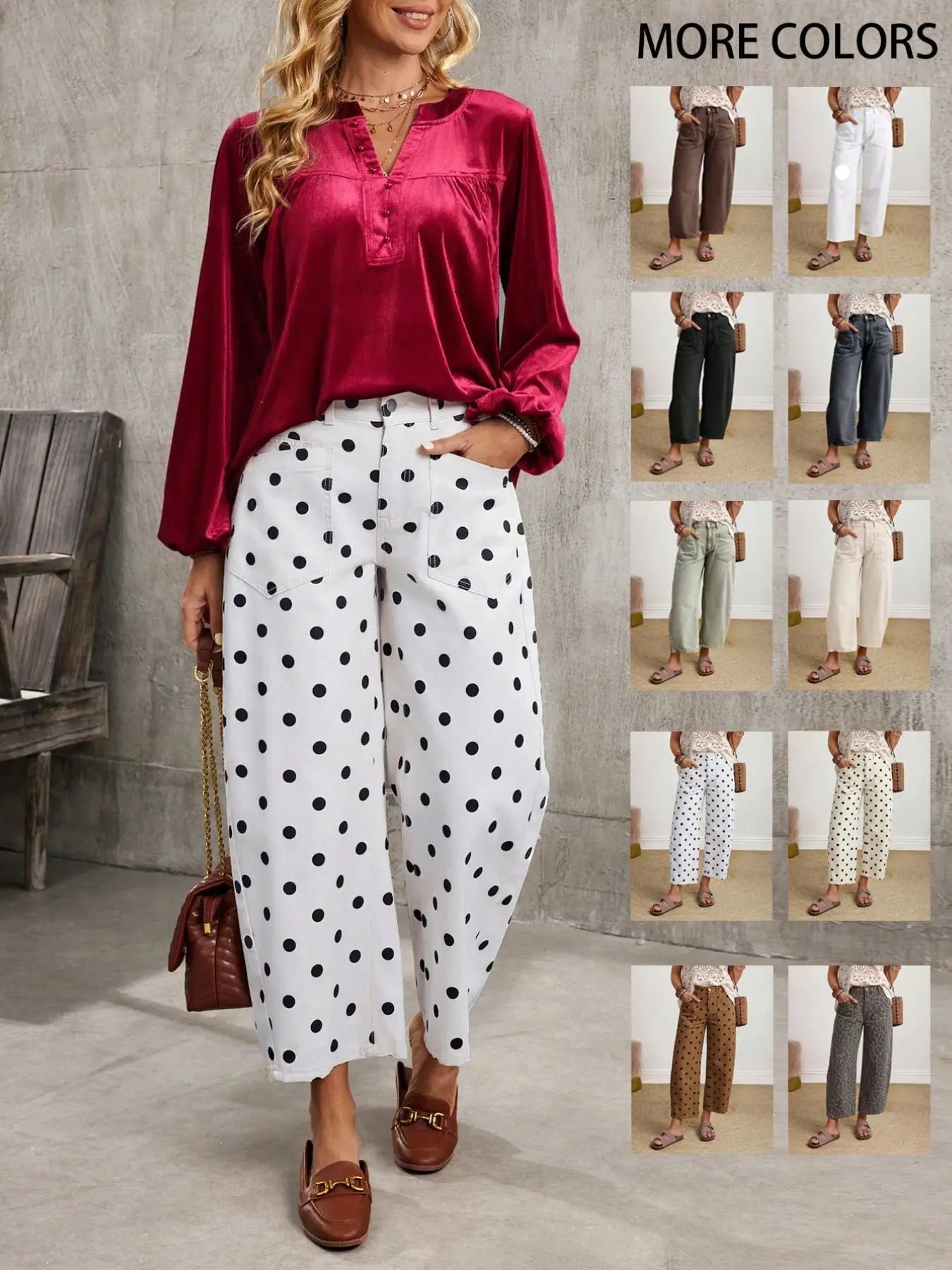 Coffee Color Patch Pocket Lantern Jeans, Casual Comfy Jeans, High Waist Loose Fit Retro Vacation Style Casual Pants