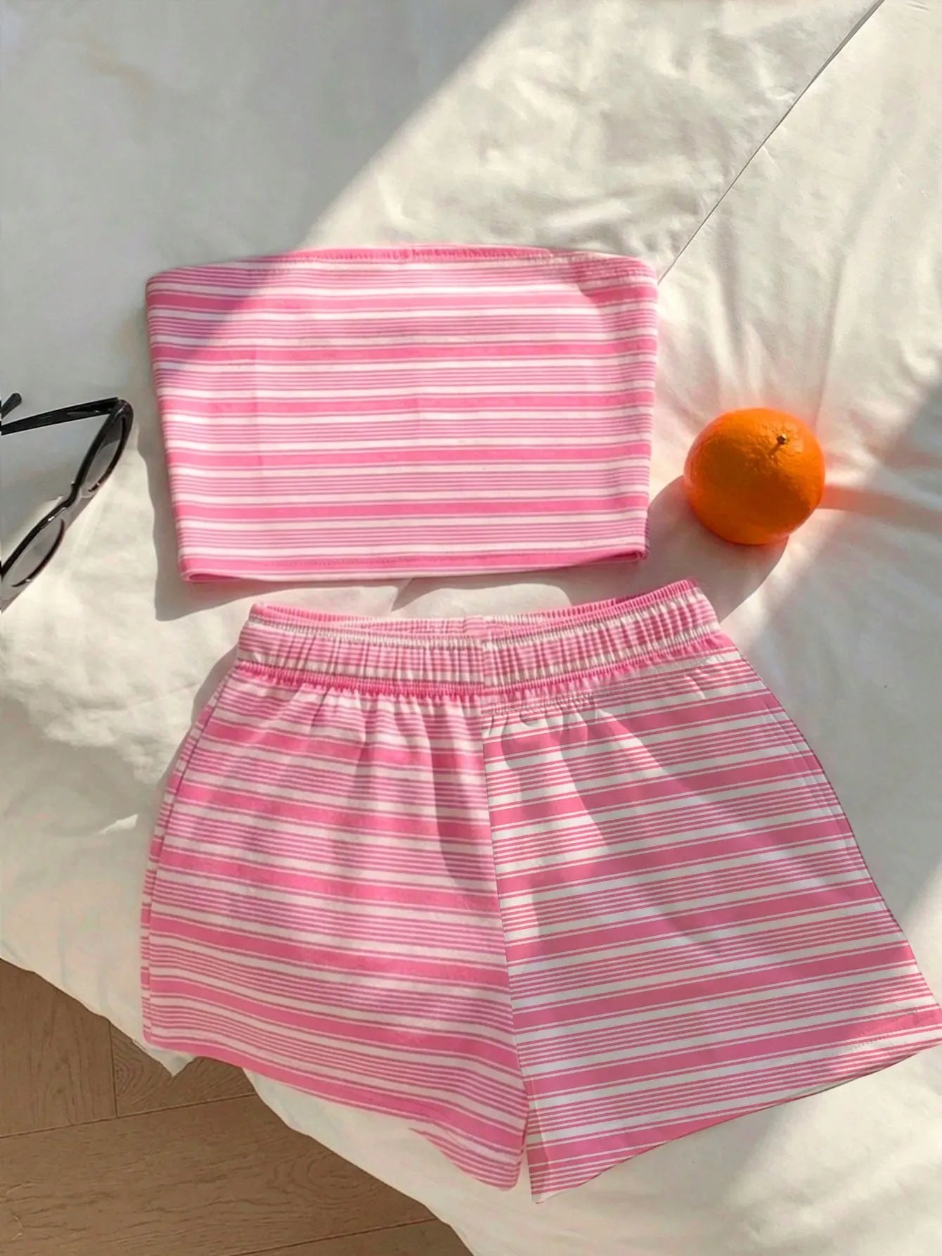 Comfortcana Women Summer Outfit,Pink And White Striped Tube Top & Shorts 2-Piece Set,Cute Casual Minimalist Everyday Versatile Resort Beach Outfit For Ladies