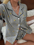 CottageSlumber Women's New Lemon Plaid Print Button-Front Short Sleeve Shorts Pajama Set
