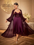 Slumberist 2pcs/Set Fishbone Design Waist Lace Camisole Nightgown + Floral Trim Wide Sleeve Mesh Robe