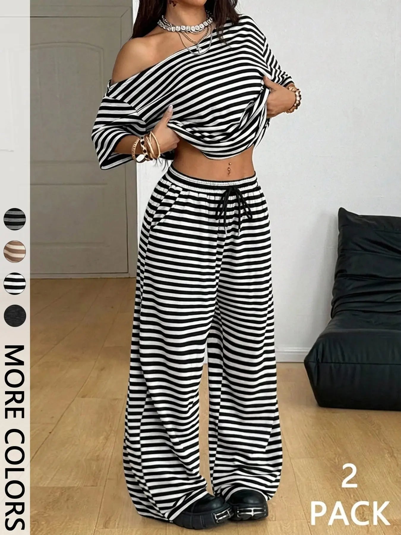 Women's Asymmetrical Neck Relaxed-Fit Striped Knit Top & Pocketed Wide Leg Pants Set, Ideal for Casual Meetups, Weekend Lounging and Travel Days, Two-Piece Outfit, Striped Loungewear Set, Comfy Loungewear Set
