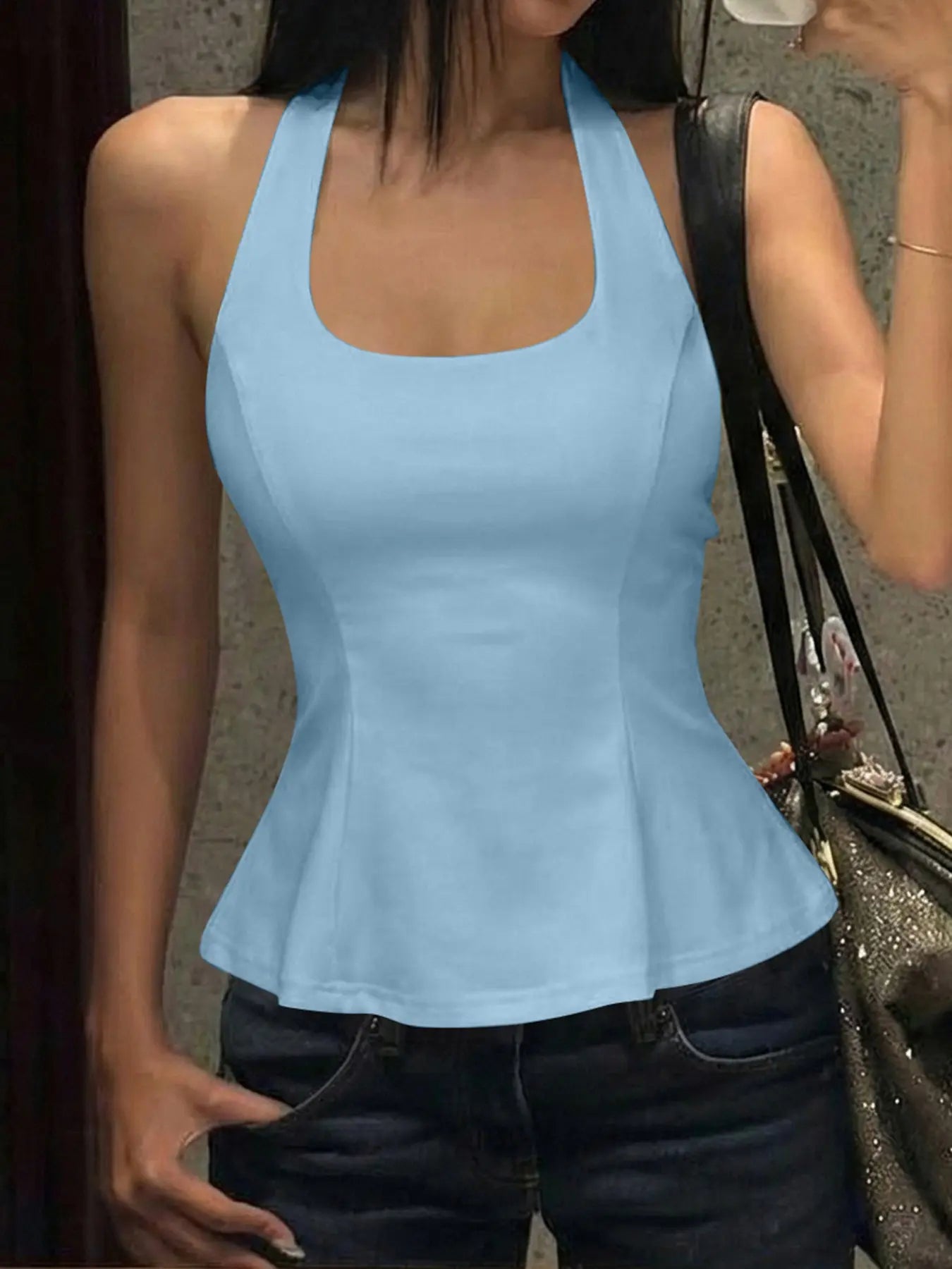 Women's Solid Color Ruffled Hem Tie-back Halter Tank Top, U Neck Tie-neck Lace-up Sleeveless Backless Plain Fit & Flare Cami Camisole Top, Party Club Date Holiday Daily Casual Sweet Crop Tops For Ladies Summer Fashion Clothes Wear