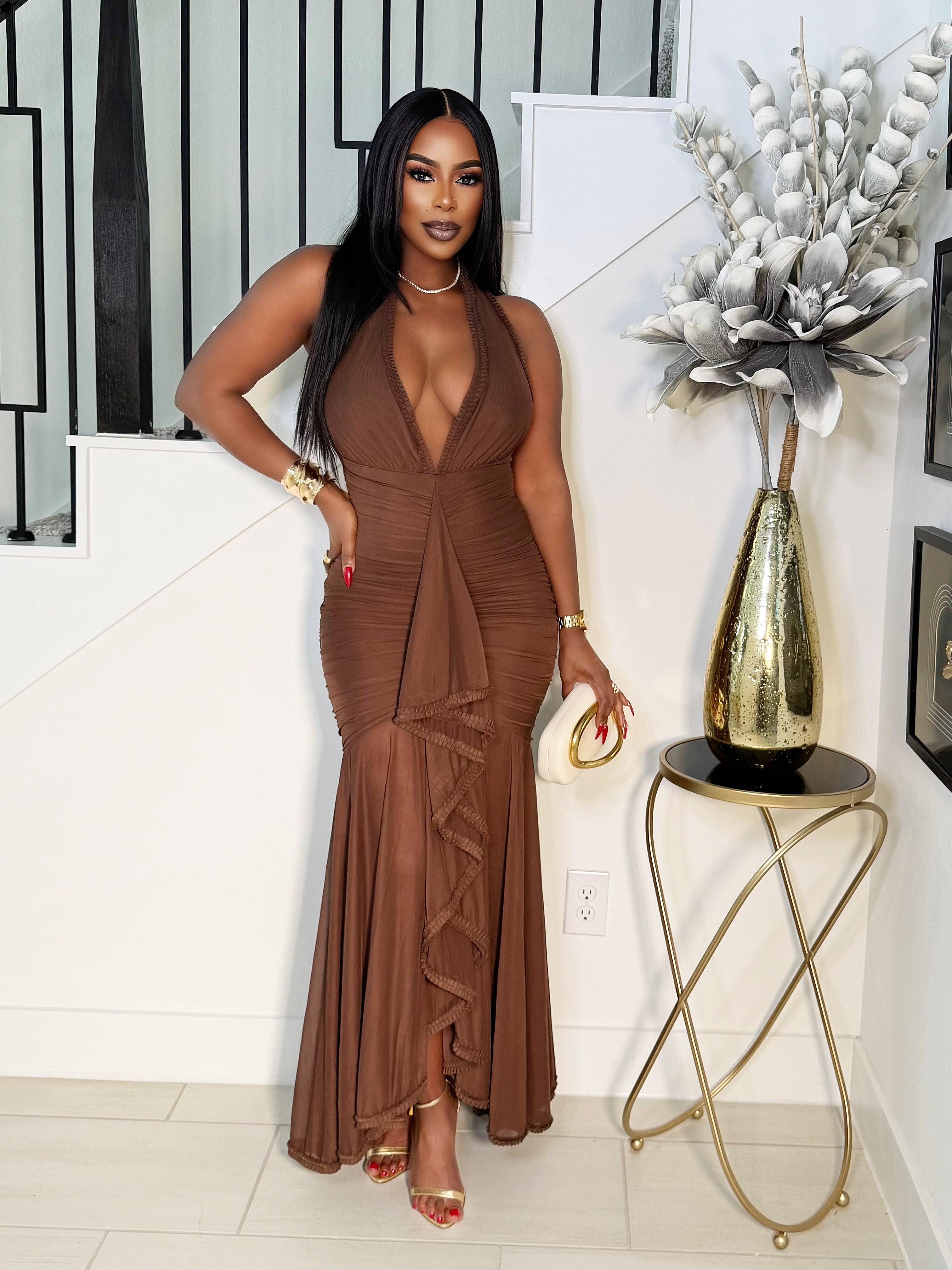 STELLA MAXI HALTER NECK DRESS (CHOCOLATE)