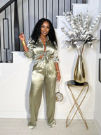 SO SILKY BUTTON DOWN PANTS SET (OLIVE)