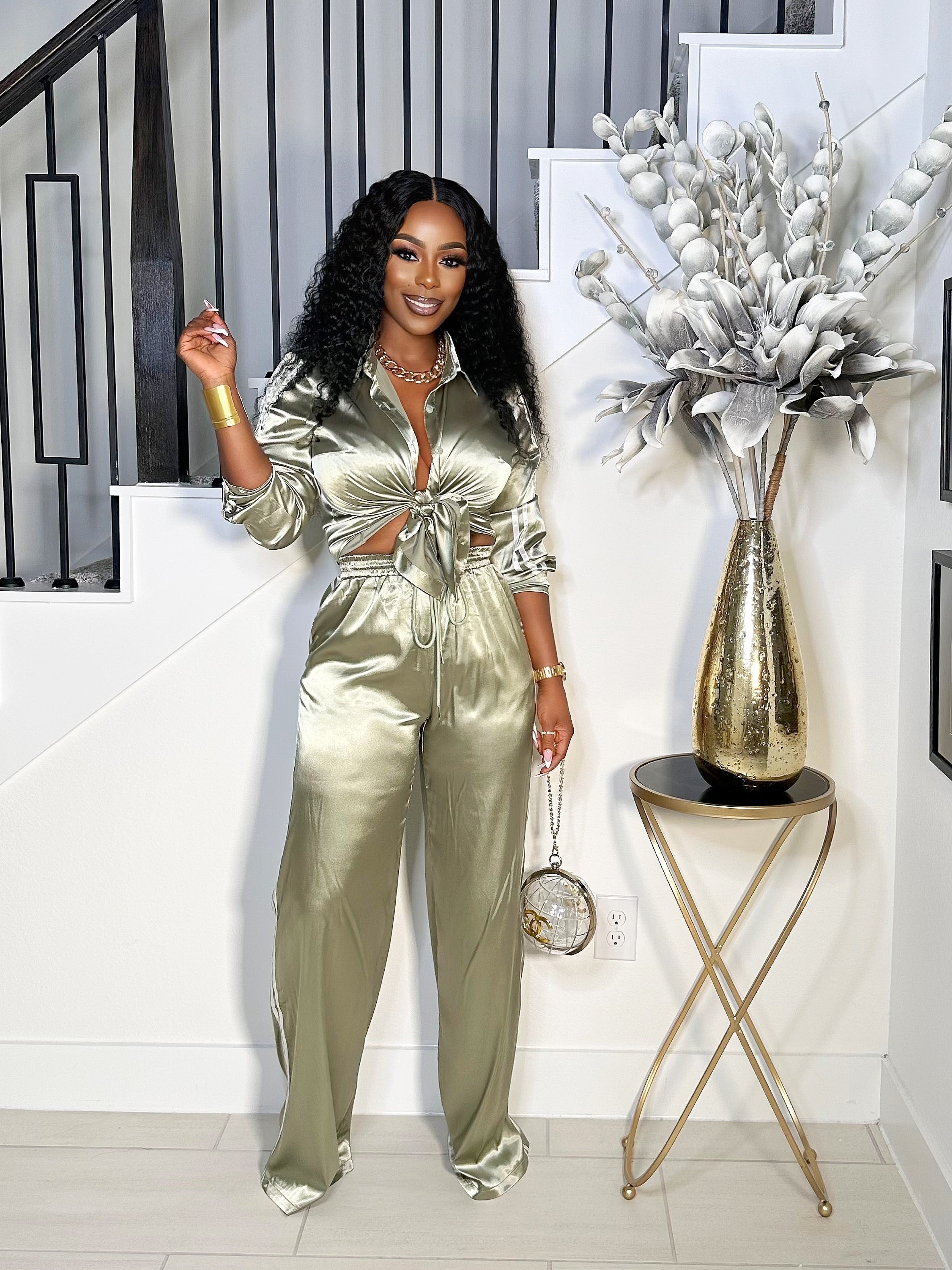 SO SILKY BUTTON DOWN PANTS SET (OLIVE)