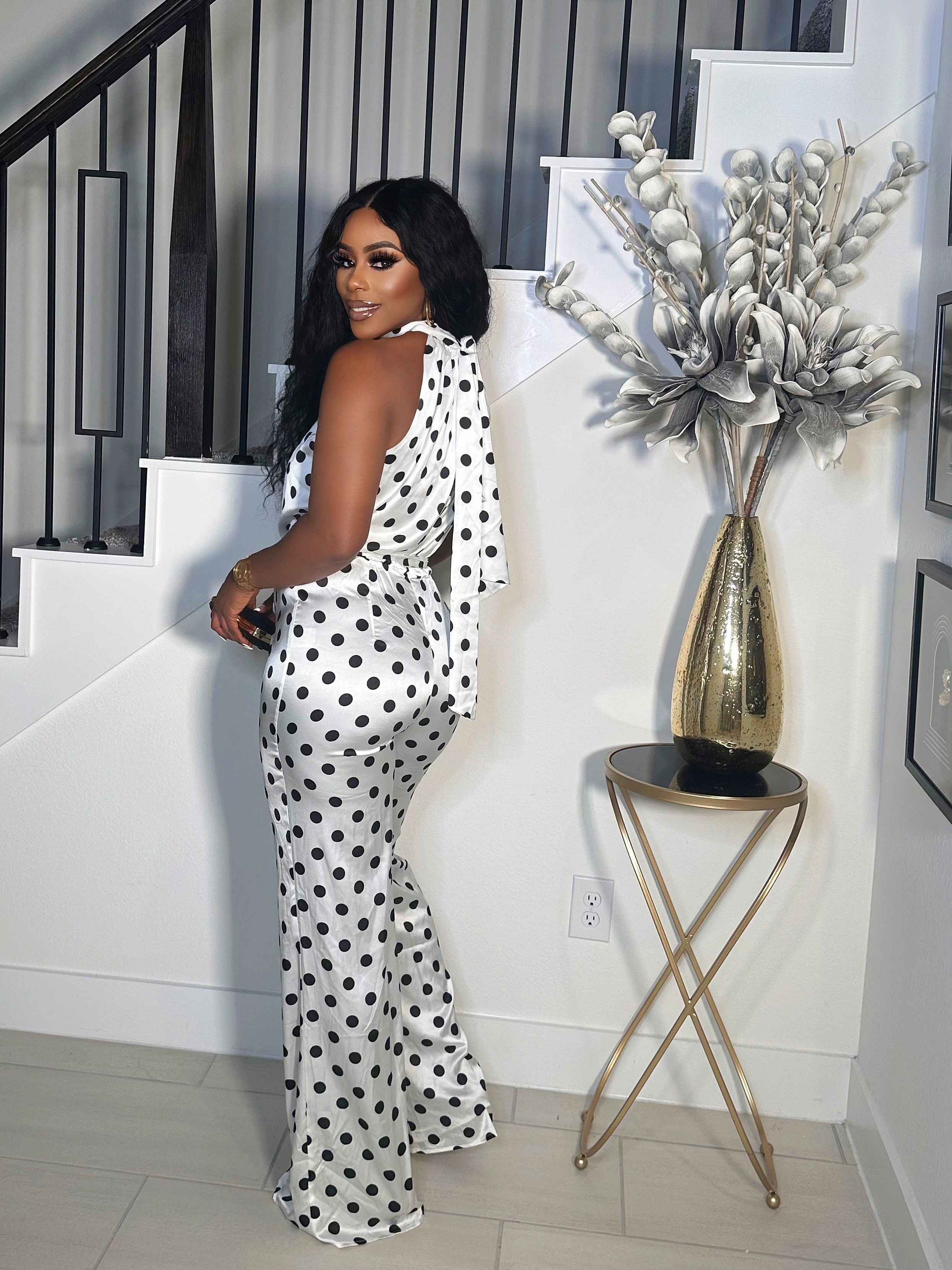 POLKA DOT SELF TIE  SILK JUMPSUIT