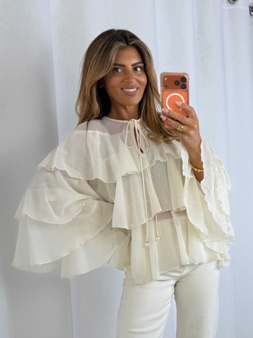 Keyhole Pearl Button Frill Layered Blouse (2 Colours)