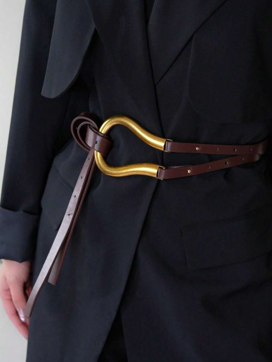 Women's Versatile Wide Waist Belt With Large Horseshoe Buckle Decor, Leather Belt For Skirts