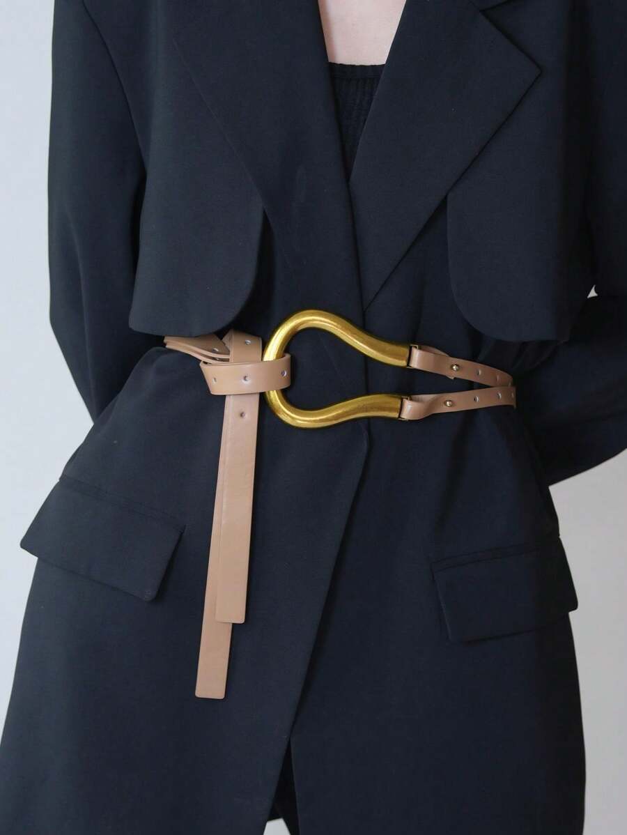 Women's Versatile Wide Waist Belt With Large Horseshoe Buckle Decor, Leather Belt For Skirts