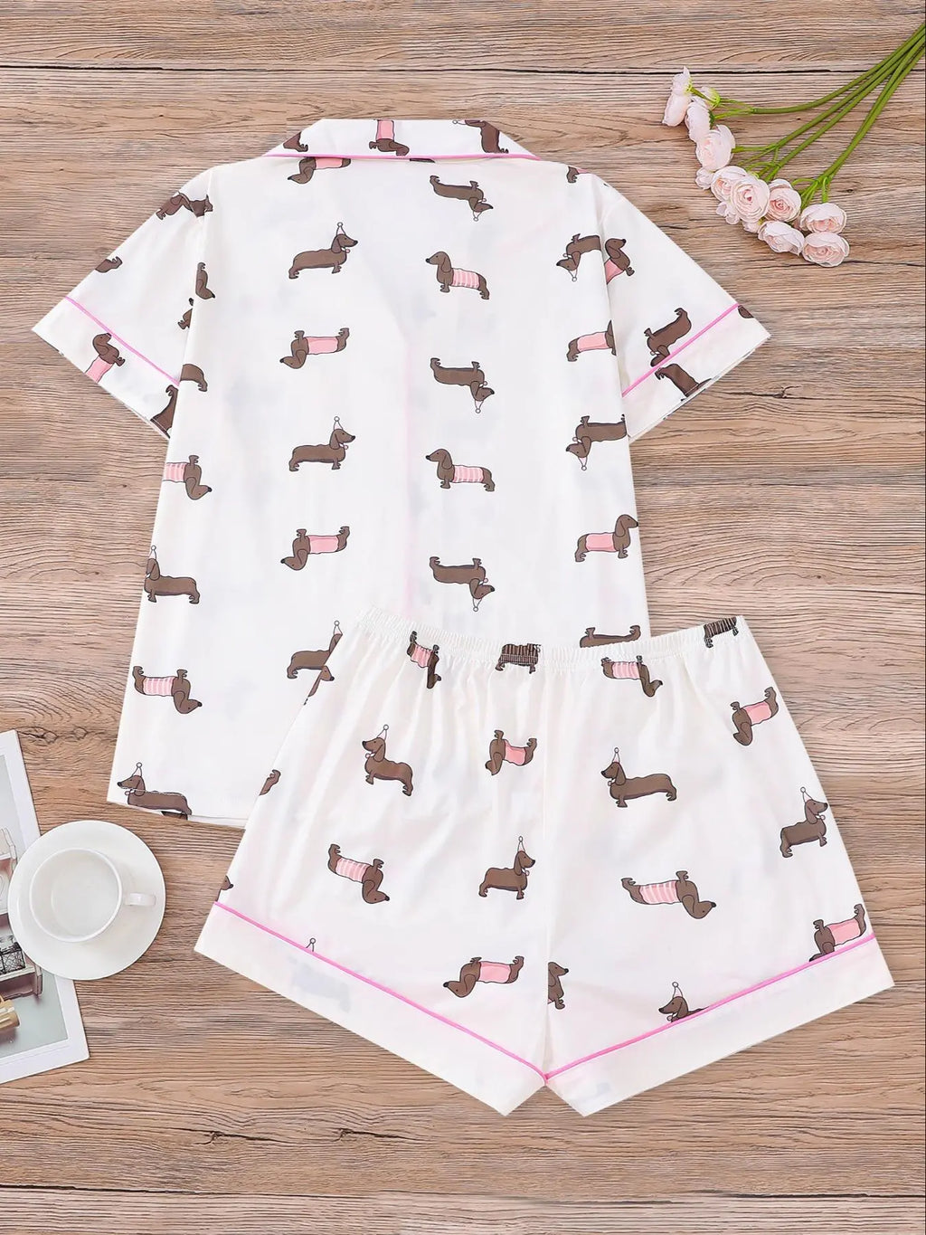 Women's All Over Dachshund Print Shirt & Elastic Waist Shorts Pyjama Two-piece Set