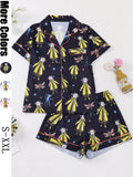 Women's Monkey Print Pajama Set, Short Sleeve Button Front Top & Elastic Shorts