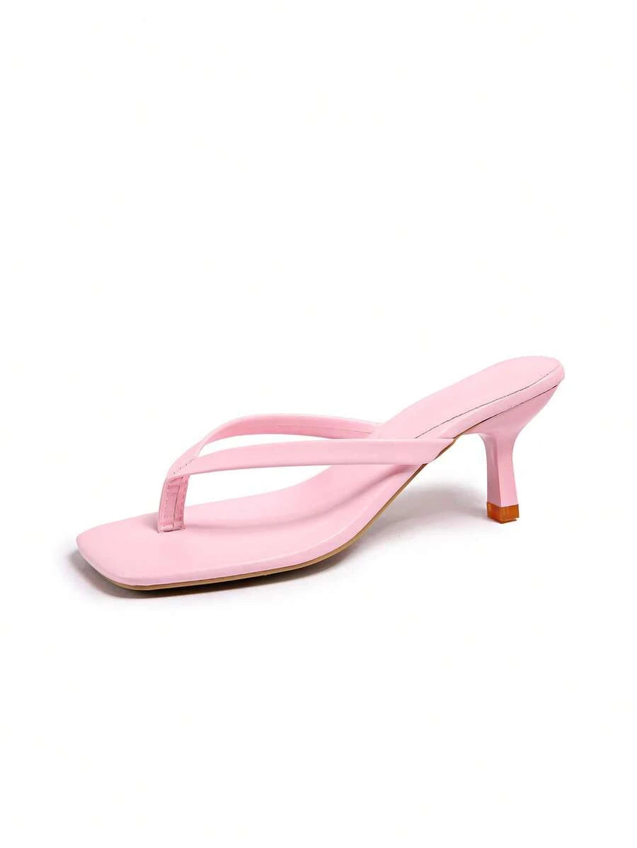 Square Toe Wide Foot Thong Sandals With Thin Heel, Versatile Outdoor Wear Thin Heel Thong Flip Flops For Women, Chic & Elegant