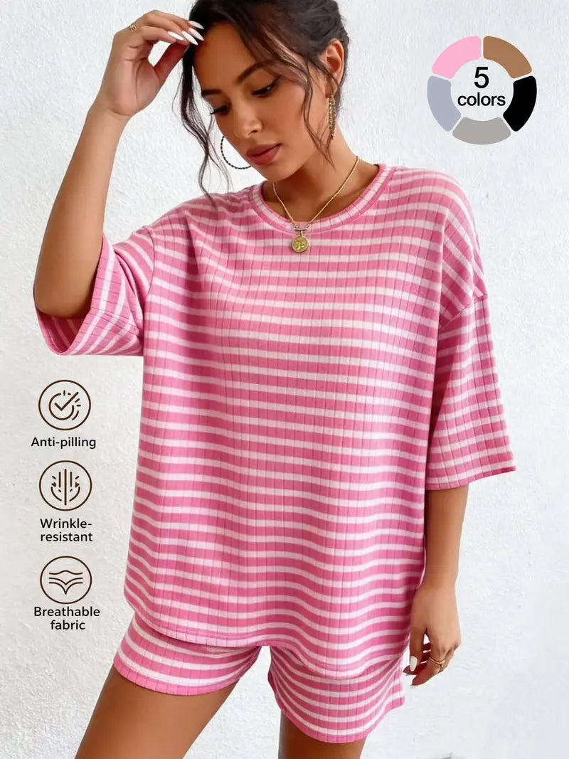 Women's Casual Loose Oversized Striped Set, Summer Short Sleeve Tee & Shorts, Airport Outfit, Home Wear, Sportswear, Fashionable Women's Clothing, Summer Lounge Sets