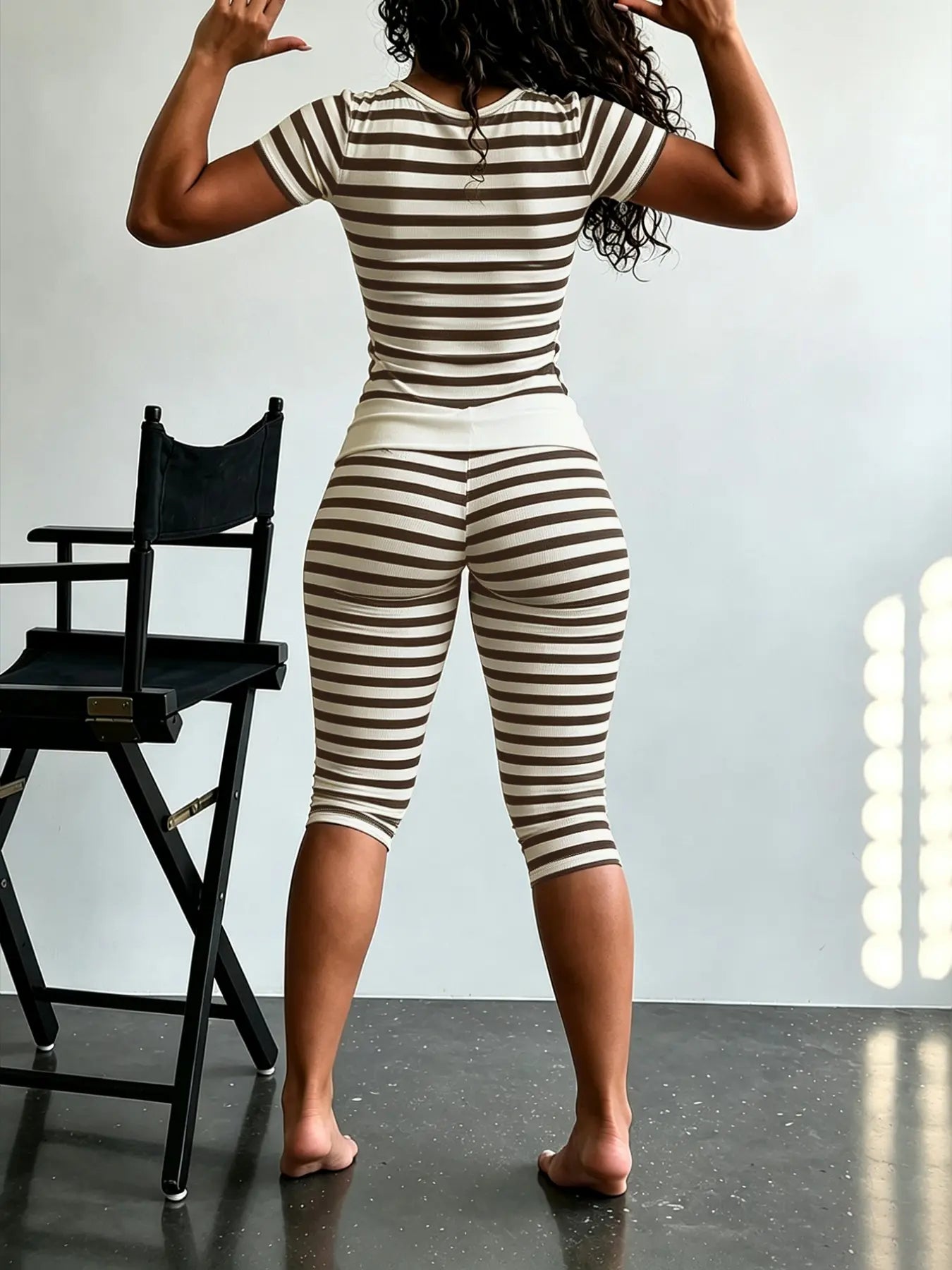 Yellow Grey Striped Two Piece Loungewear Set Crew Neck Short Sleeve Slim Crop Top High Waist Capri Leggings Stretch Fitted Matching Outfit ideal for home relaxation gym training grocery runs and casual everyday all season comfy outfits