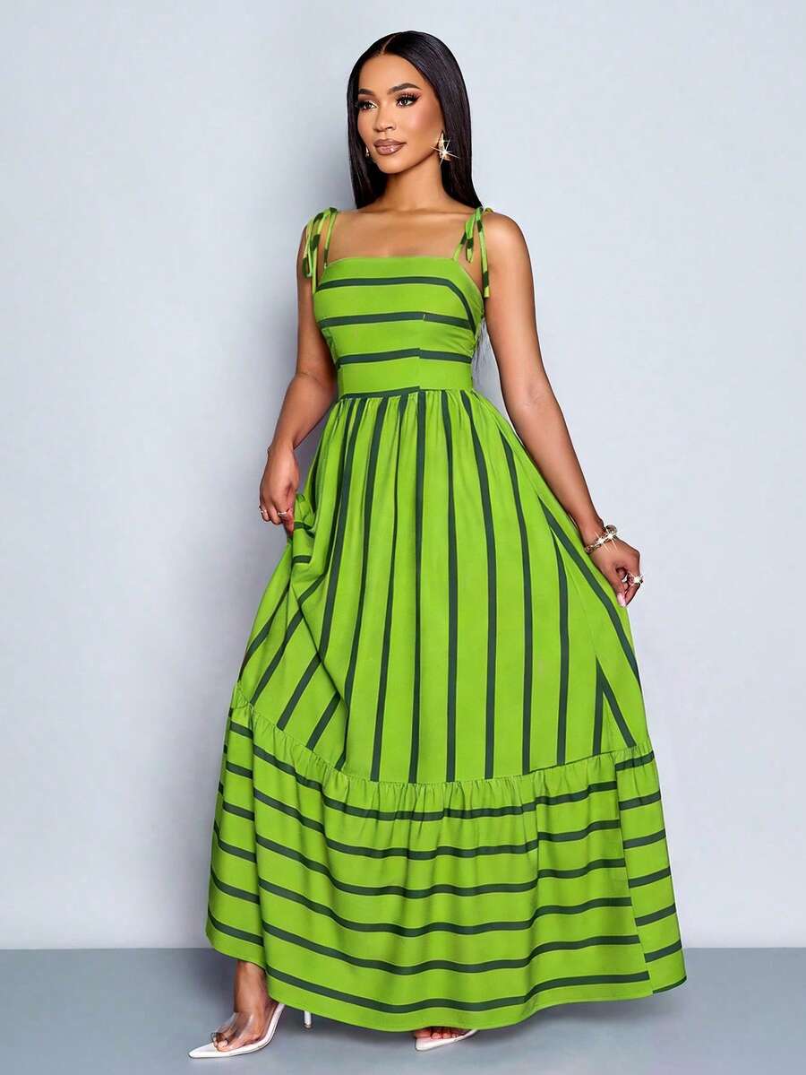 Women's Blue And White Stripe Flowing Maxi Dress,Summer Elegant Holiday Tea Party Holiday,Shoulder Straps Chest Gathering,Beach Casual Gown