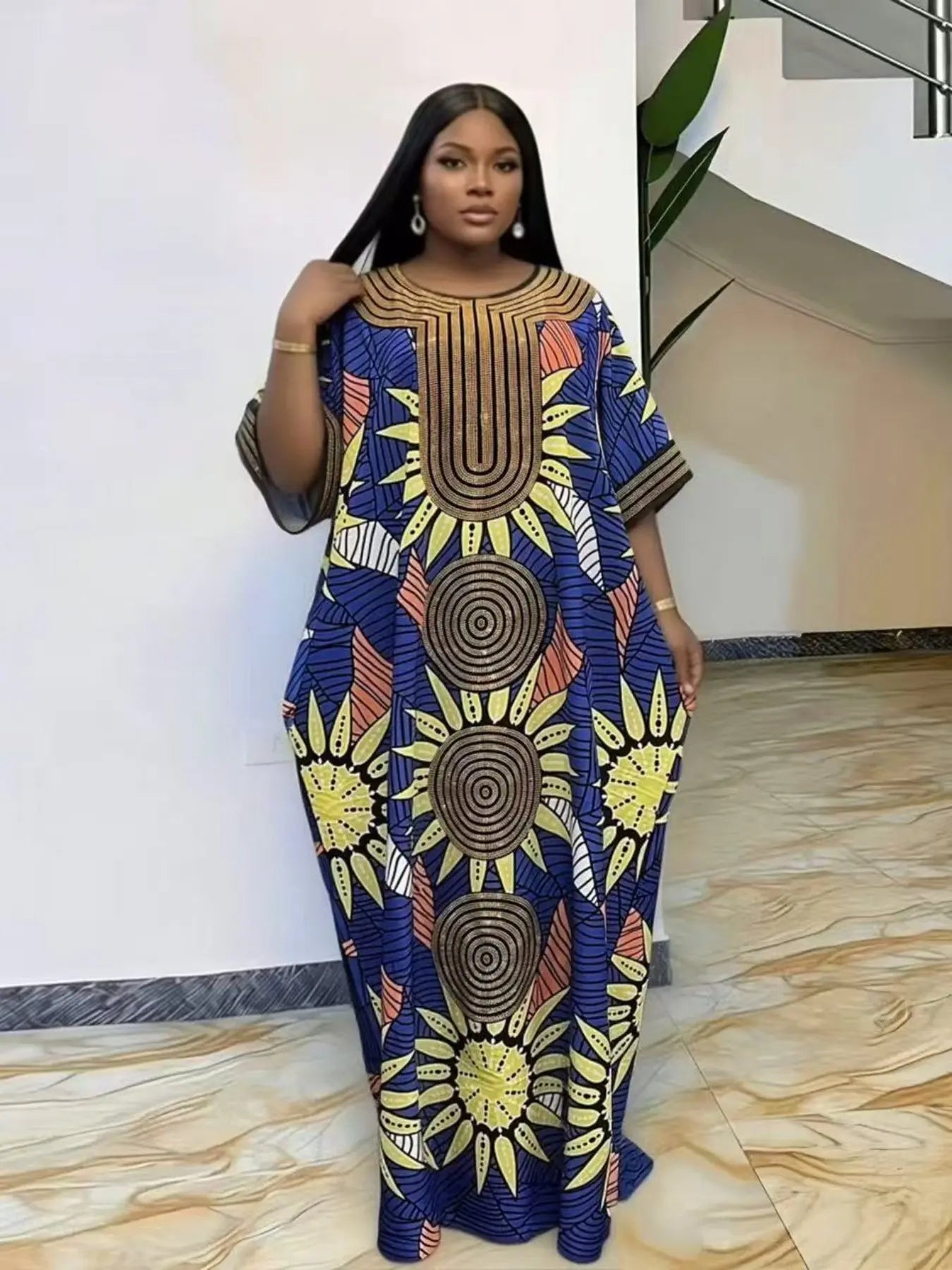New high-end party rhinestone loose large-size casual traditional ethnic boubou kaftan women's dress Style, elegant and classy, plus-size party, holiday, daily wear, women's beach vacation summer dress with scarf and pockets 2026 Print