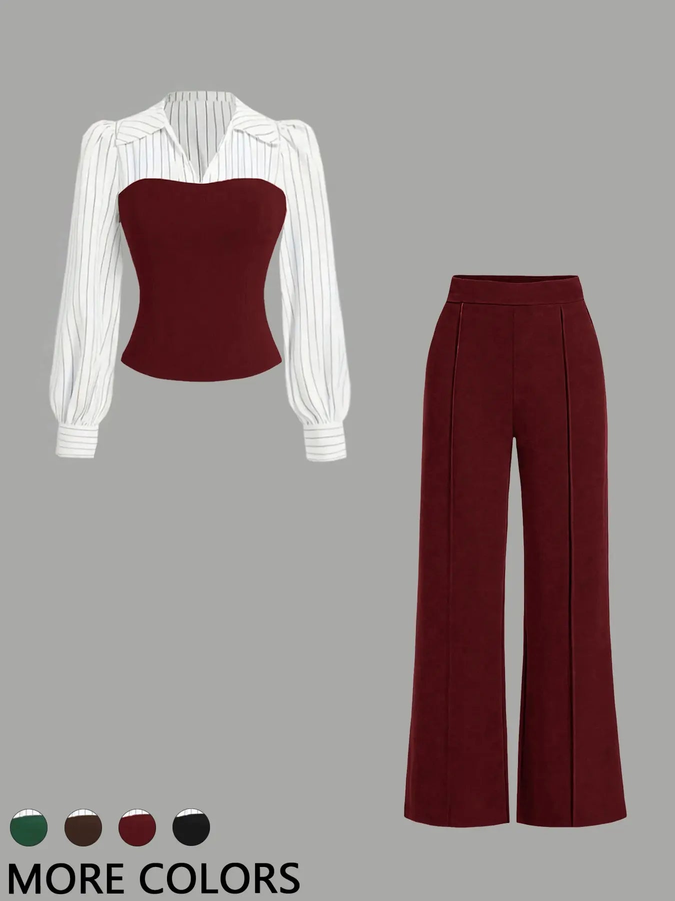 Women's Long Sleeve Colorblock Patchwork Shirt Set, Slimming Waist Design, Straight Leg Pants, Casual Fashion, Chic, Style, 2 Piece Set, Womenswear