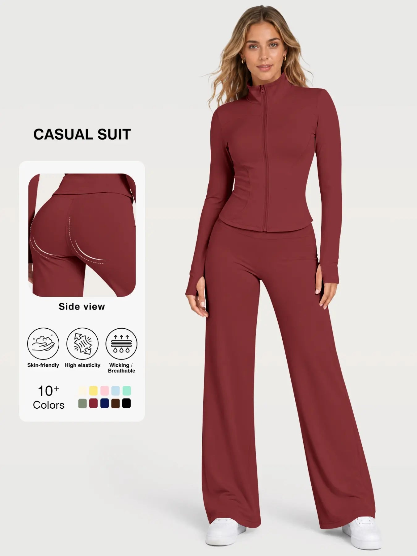 Flexaura Two-Piece Set, High-Waist Wide-Leg Pants & Zipper Jacket, Breathable Sporty, Long Sleeve, All Seasons, Yoga & Gym Wear