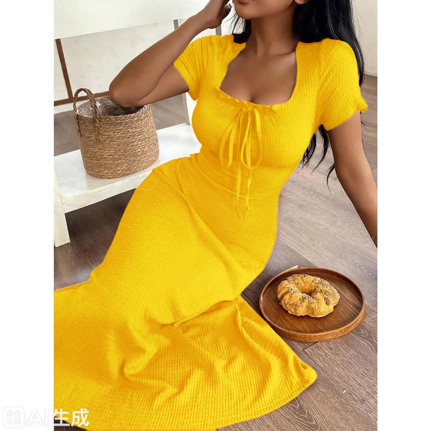 Women's Casual Solid Color Jacquard Gathered Ruffle Trim Square Neck Maxi Loungewear Dress Brown Dress Lounge Dress Summer Dress Tie Front Dress Midi Dress