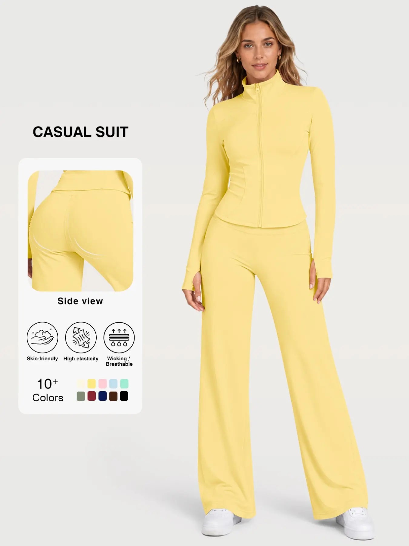 Flexaura Two-Piece Set, High-Waist Wide-Leg Pants & Zipper Jacket, Breathable Sporty, Long Sleeve, All Seasons, Yoga & Gym Wear