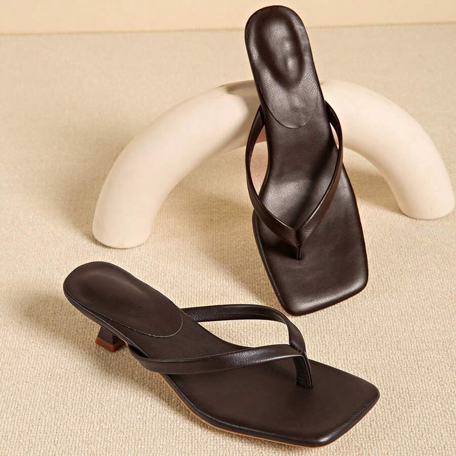 Square Toe Wide Foot Thong Sandals With Thin Heel, Versatile Outdoor Wear Thin Heel Thong Flip Flops For Women, Chic & Elegant