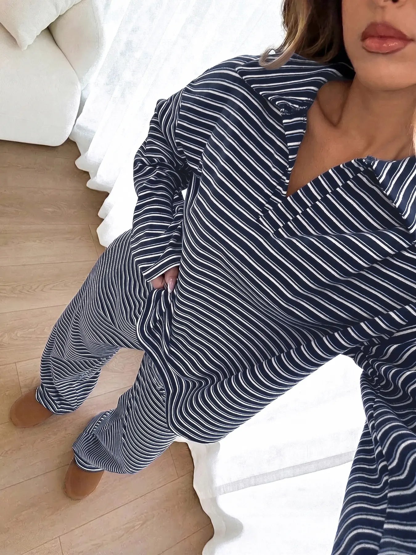 Women's 2pcs Set Loose Striped V-Neck Drop Shoulder Long Sleeve T-Shirt &Elastic Waist Striped Pants, Brown, Casual Sets For Women, Pajamas Set, Loungewear, Casual Sets For Women Brown Two Piece Set Women