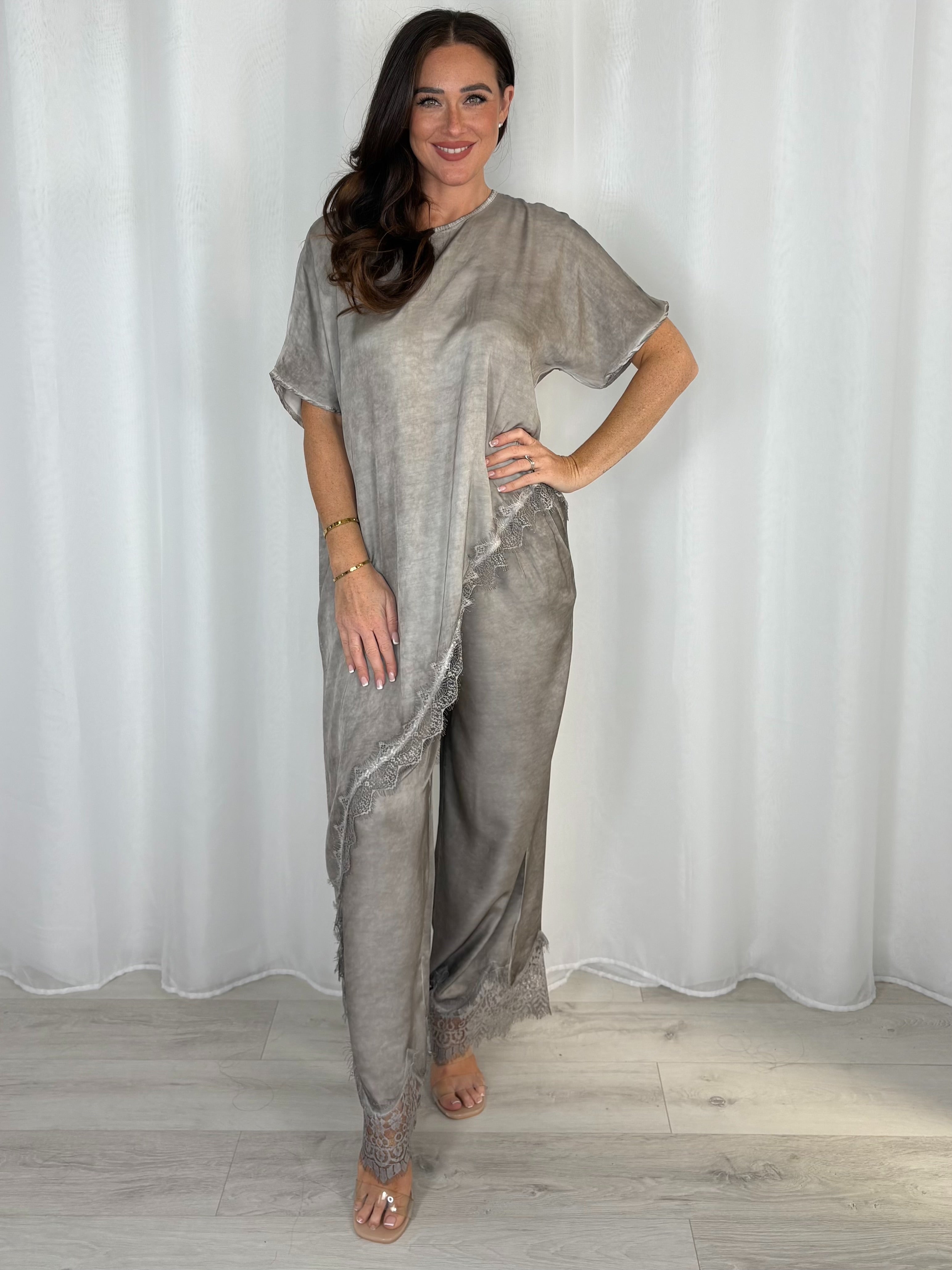 Asymmetric Top And Trouser Co-Ord With Lace Trim (3 Colours)