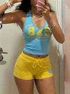 StreetHx Women 2-Piece Set:Yellow Vest Top,Blue Shorts.HypeZone-D Spaghetti Strap Camisole,Letter Print,Slim Fit For Gym,Summer,Y2k,Sports,Beach Outfits
