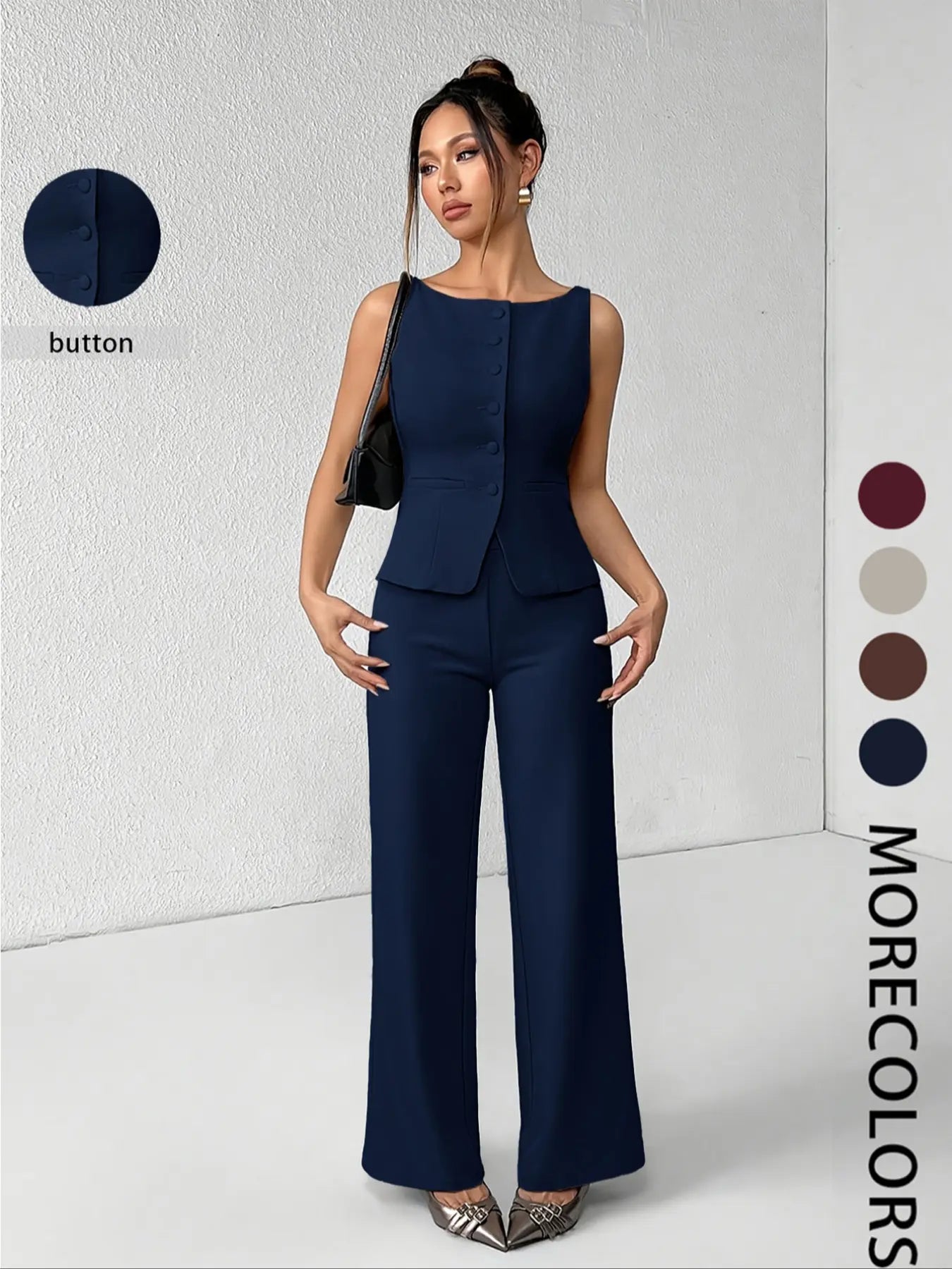 Women's Solid Button Front Sleeveless Tank Top & Wide Leg Pants Set, Casual Elegant Chic Minimalist Fashion Two-piece Set for Summer, Women's Clothing for Daily Wear, Suits, Office Siren Outfits, Casual Matching Set, Corporate Outfits Women