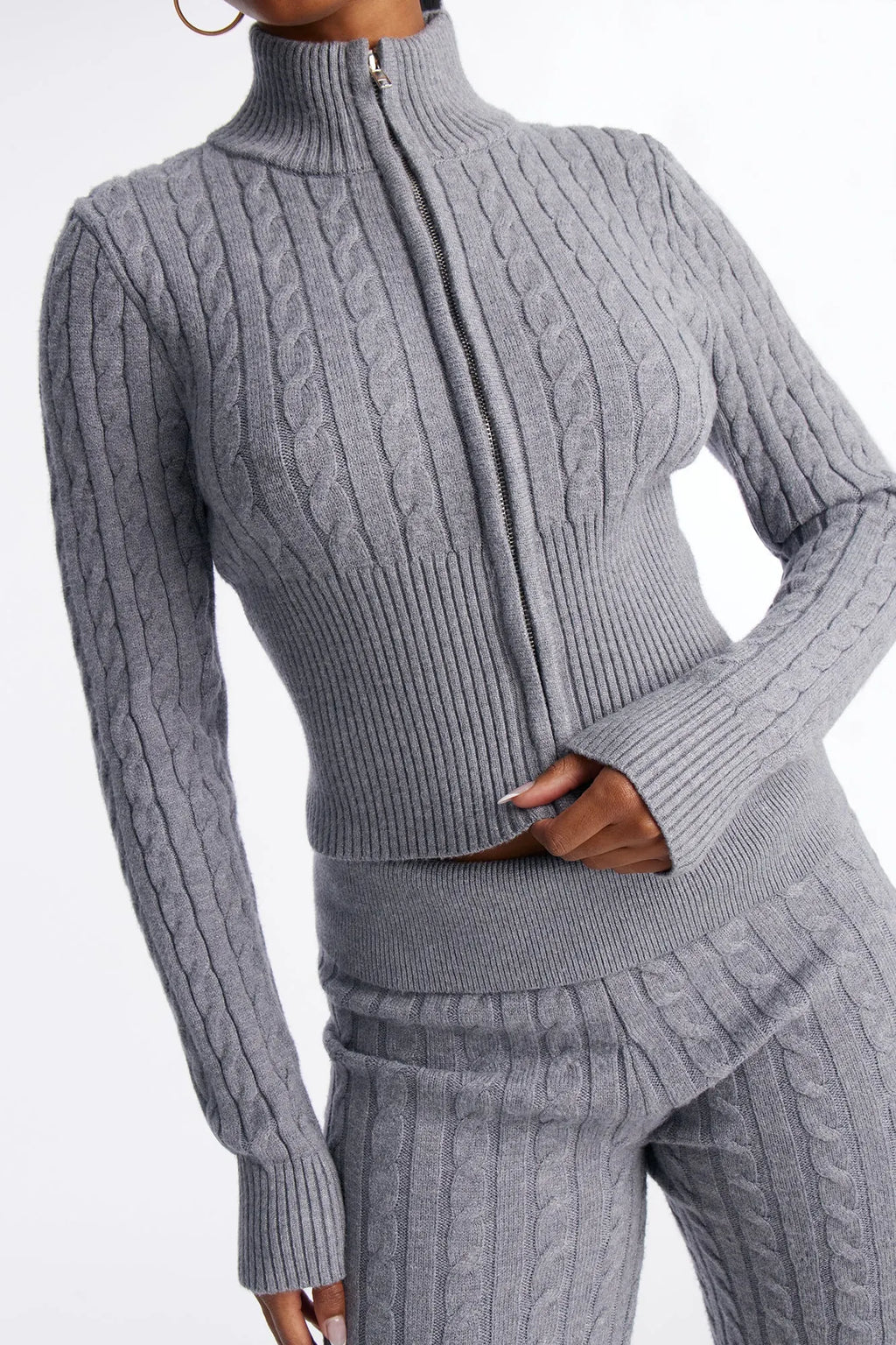 Caroline Mock Neck Cable Sweater Pant Set - Heather Grey