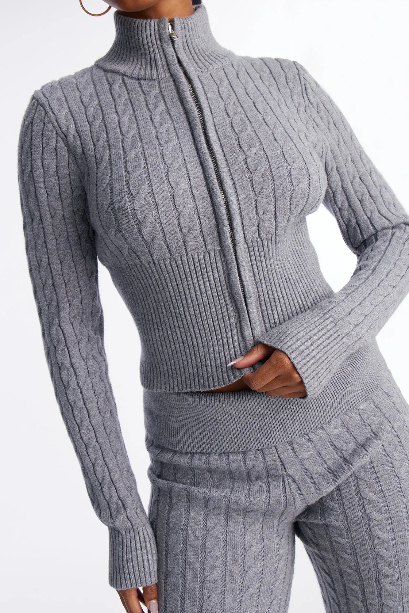 Caroline Mock Neck Cable Sweater Pant Set - Heather Grey