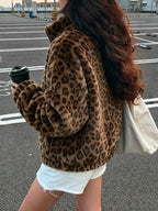 Thick Plush Leopard Print Fashion Retro Casual Long Sleeve Zipper Cardigan, High Neck Jacket, Unisex, Couples Wear, Winter Essential
