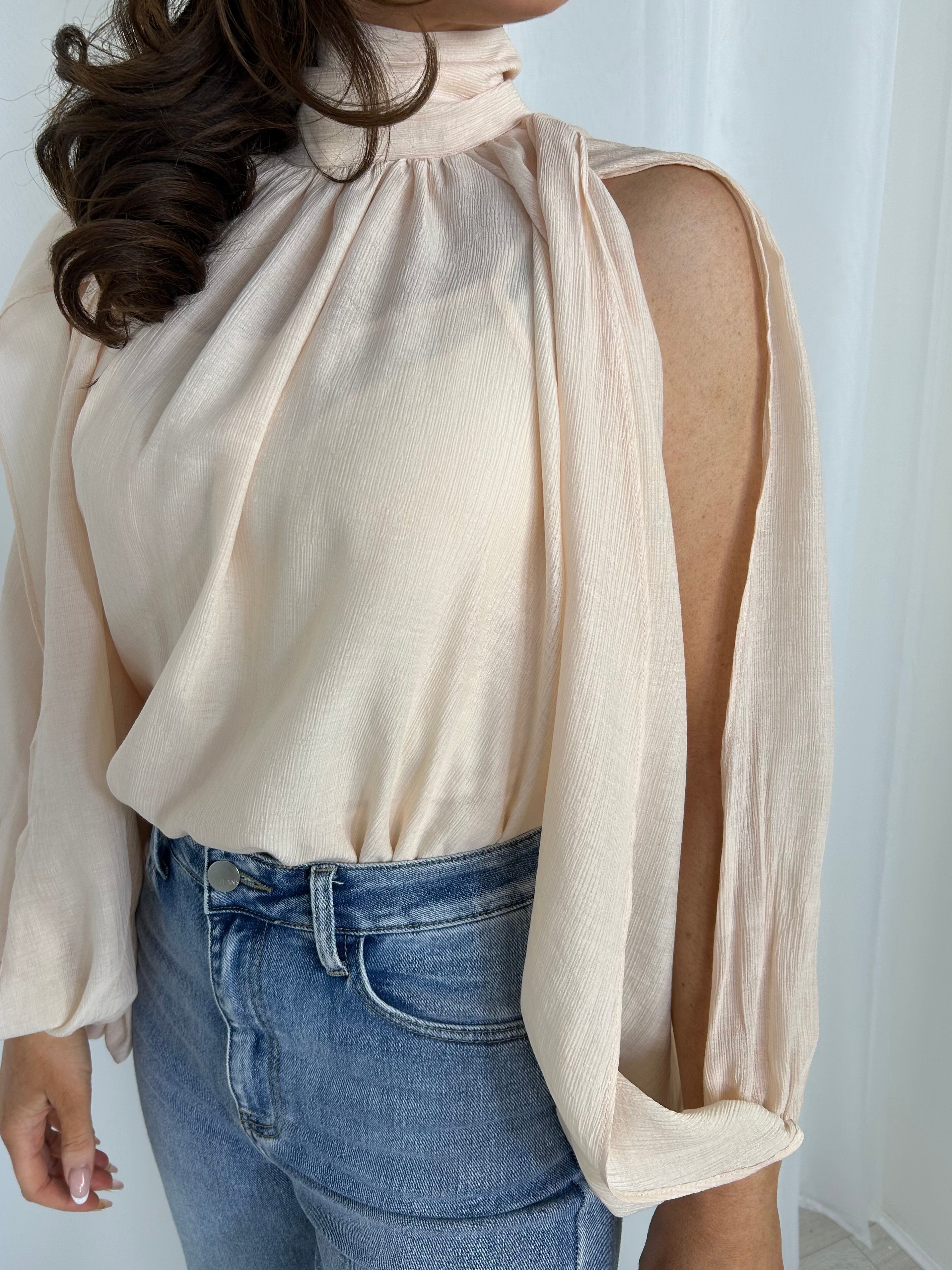 High Neck Tie Back Floaty Open Sleeve Top (3 Colours)