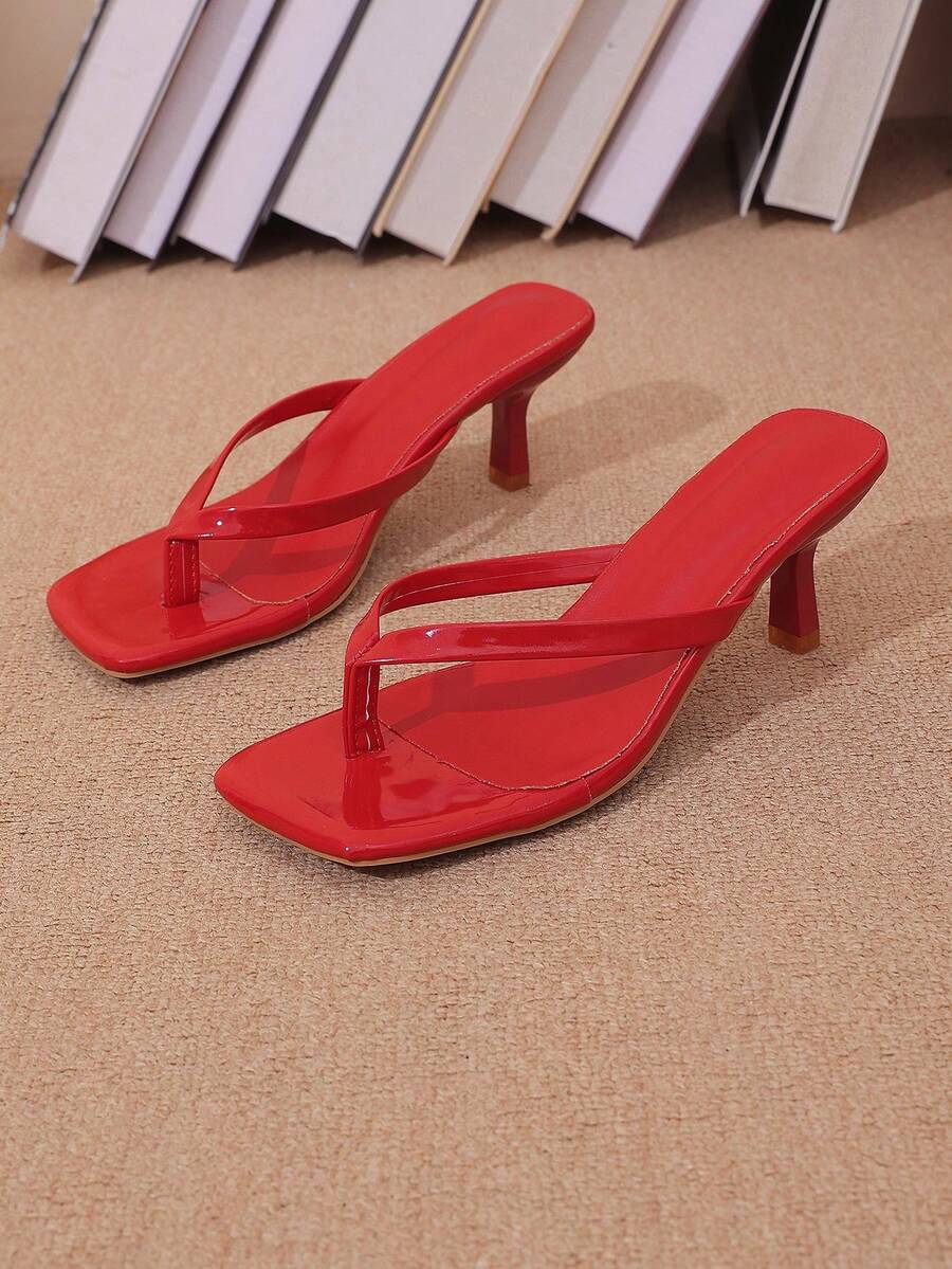 Square Toe Wide Foot Thong Sandals With Thin Heel, Versatile Outdoor Wear Thin Heel Thong Flip Flops For Women, Chic & Elegant