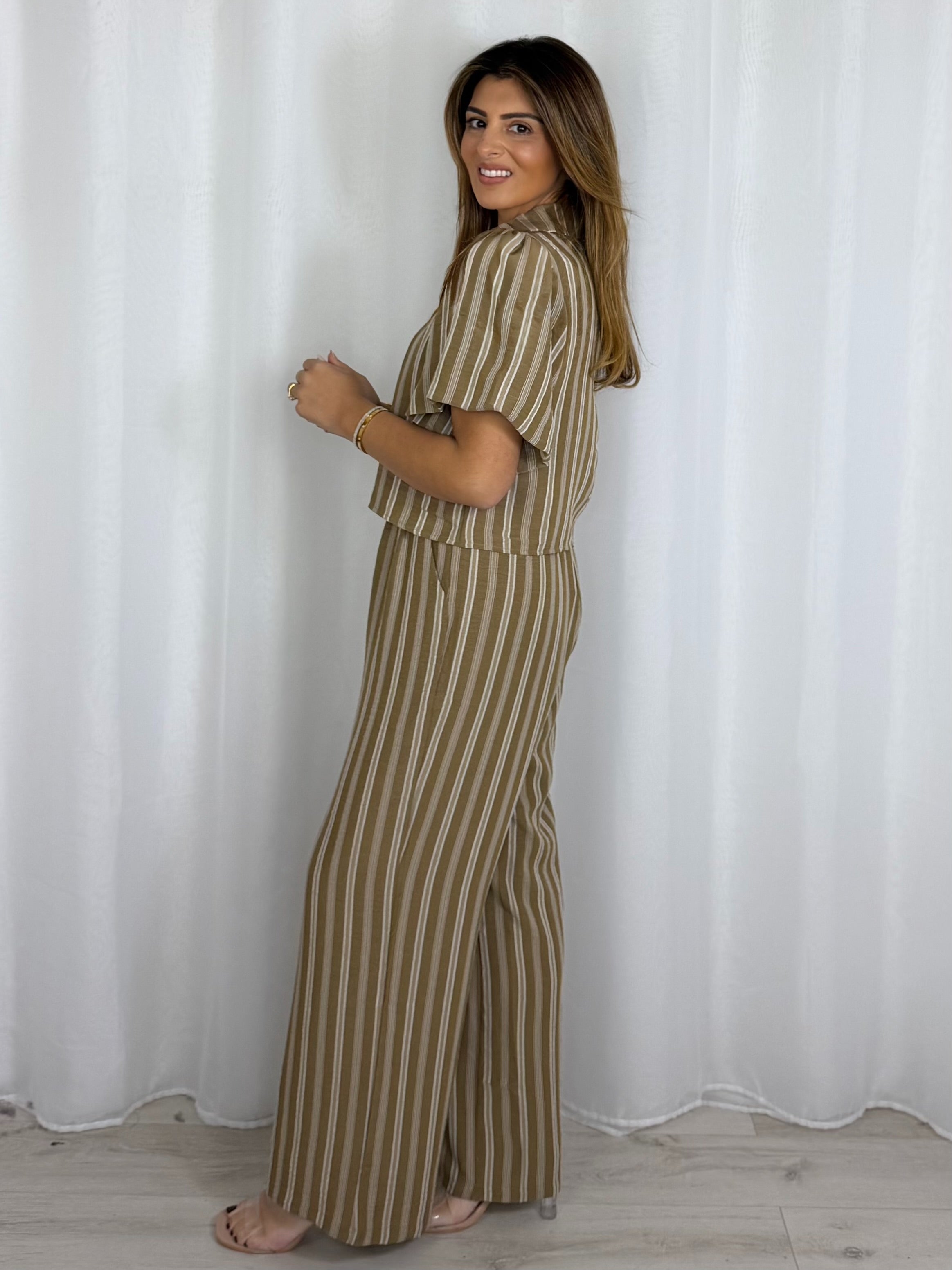 Brown Balloon Sleeve Button Up Top And Straight Leg Co-Ord